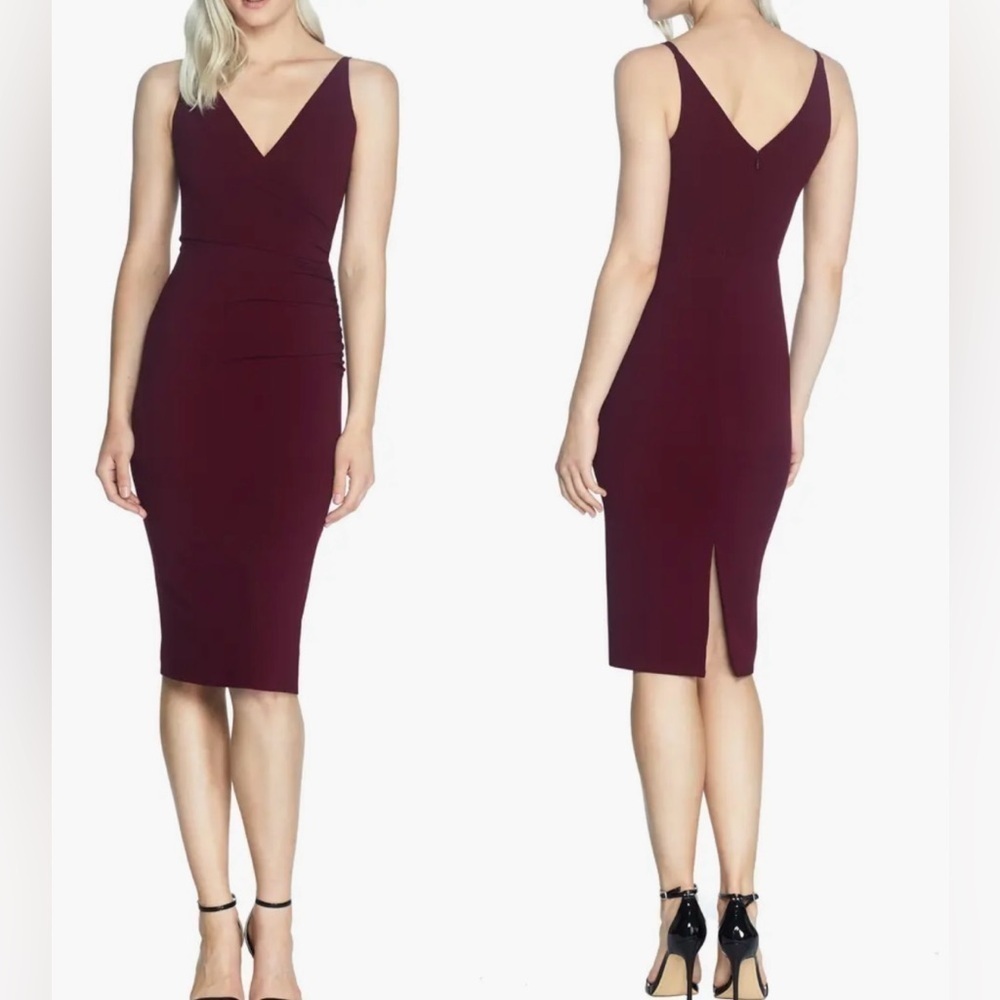 NWOT Dress the Population Anita v neck crepe cocktail burgundy dress sz large